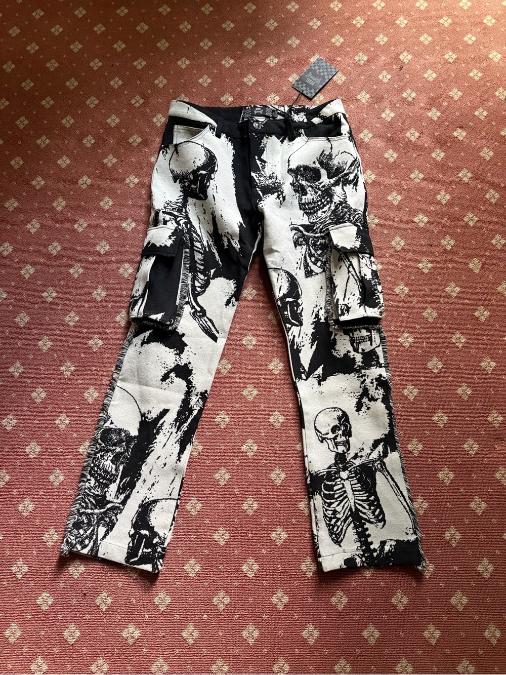 rebels Black & White Skeleton Print Straight-Leg Cargo Jeans